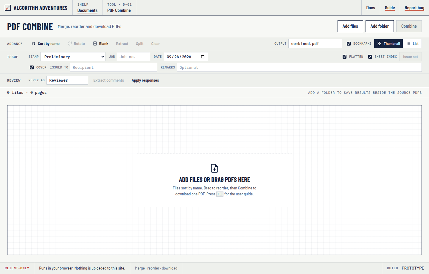 PDF Combine empty workspace with title actions, toolbars and drop target