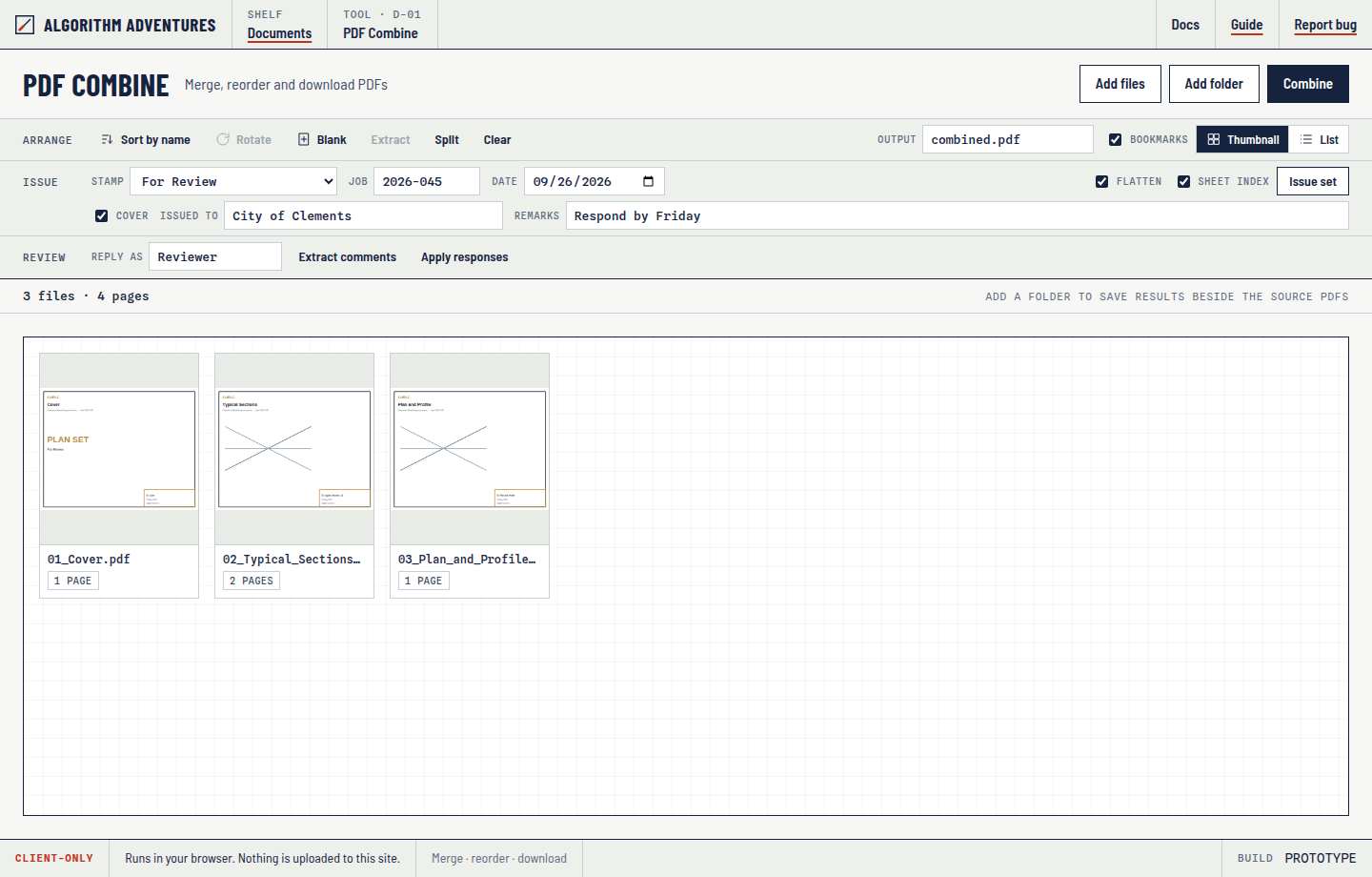 Thumbnail view with three plan PDFs loaded
