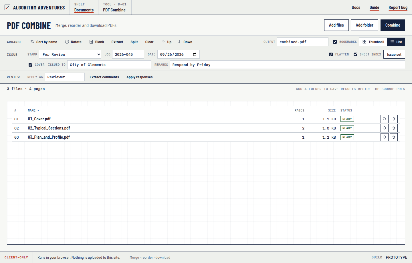 List view table with name, pages, size, and ready status