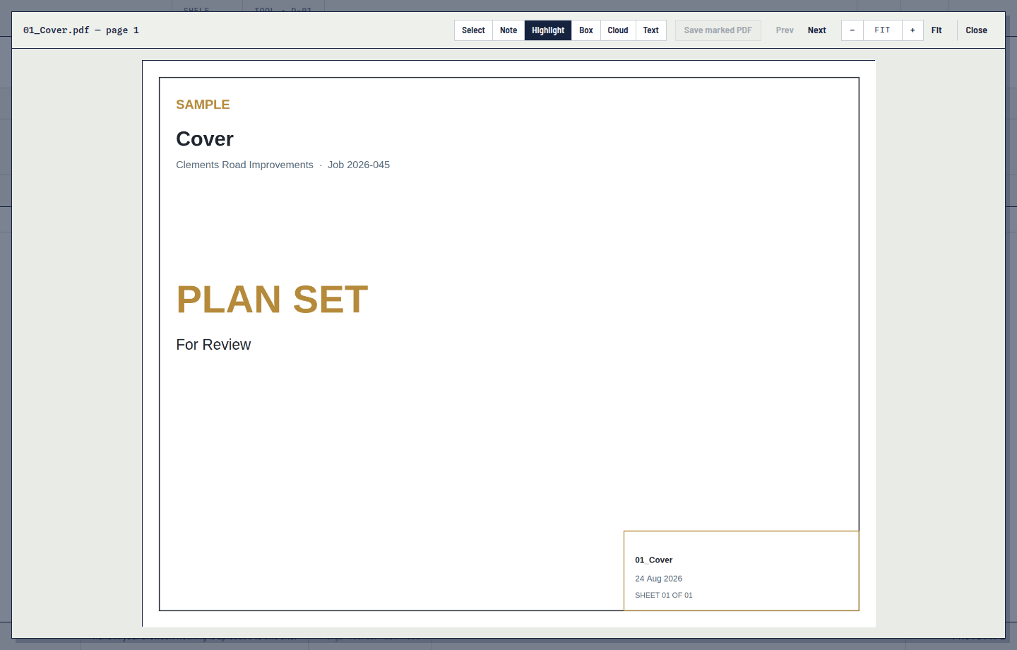 Preview window with Select, Note, Highlight, Box, Cloud, Text, and Save marked PDF