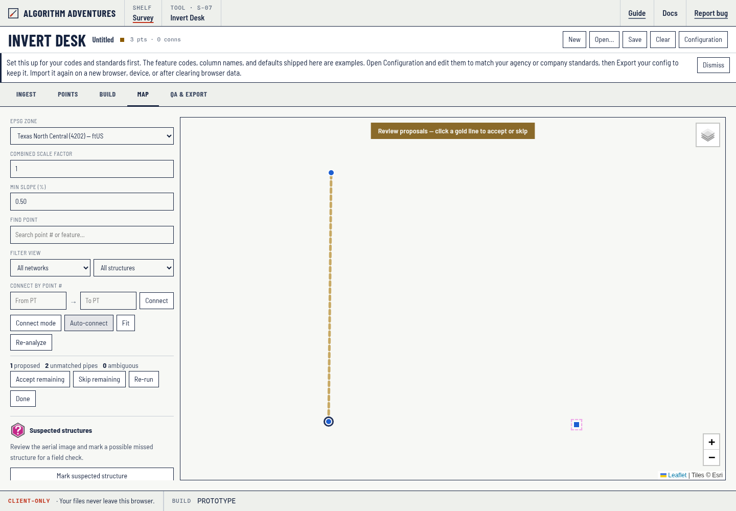 Map tab in Auto-connect review with gold dashed proposal lines
