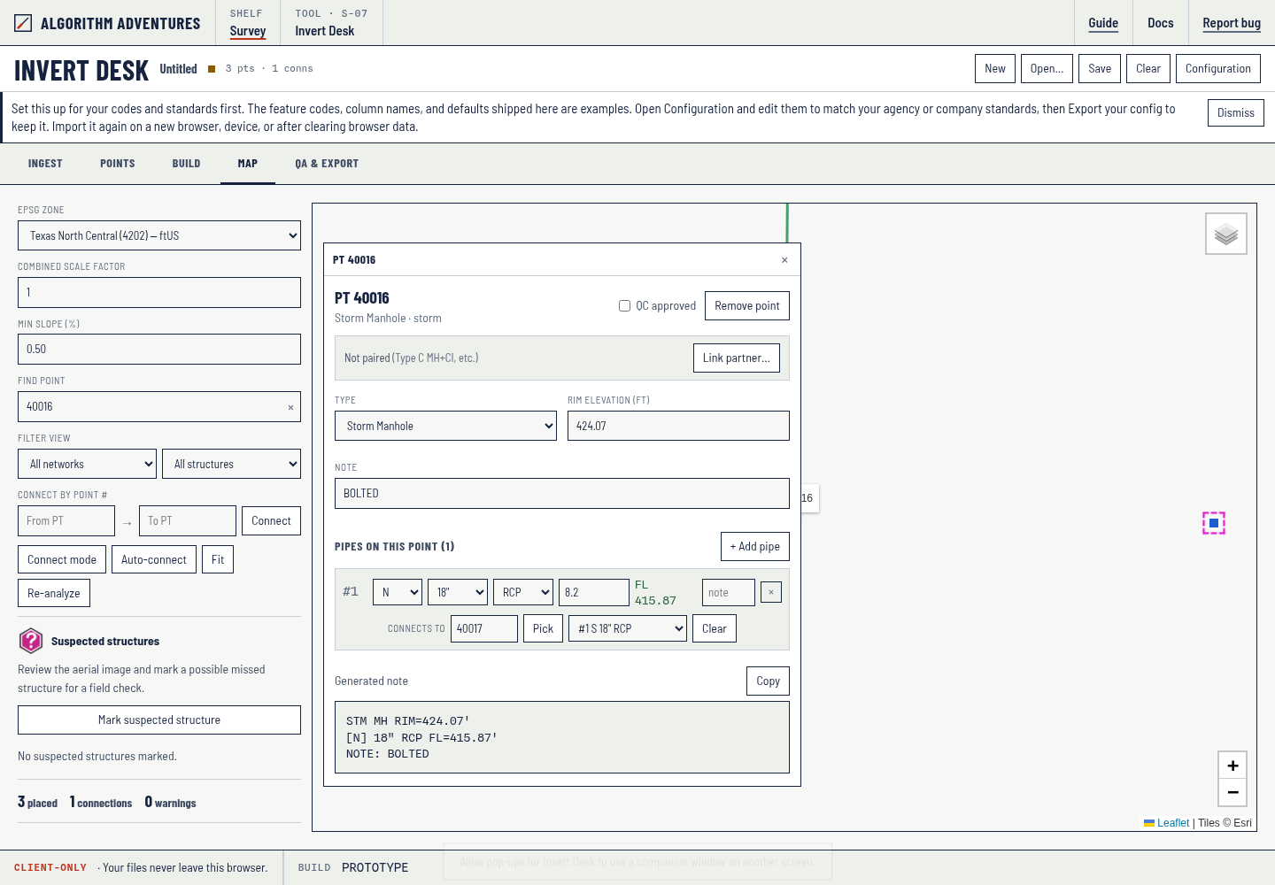 Map tab with the structure editor showing Connects to and Pick on each pipe