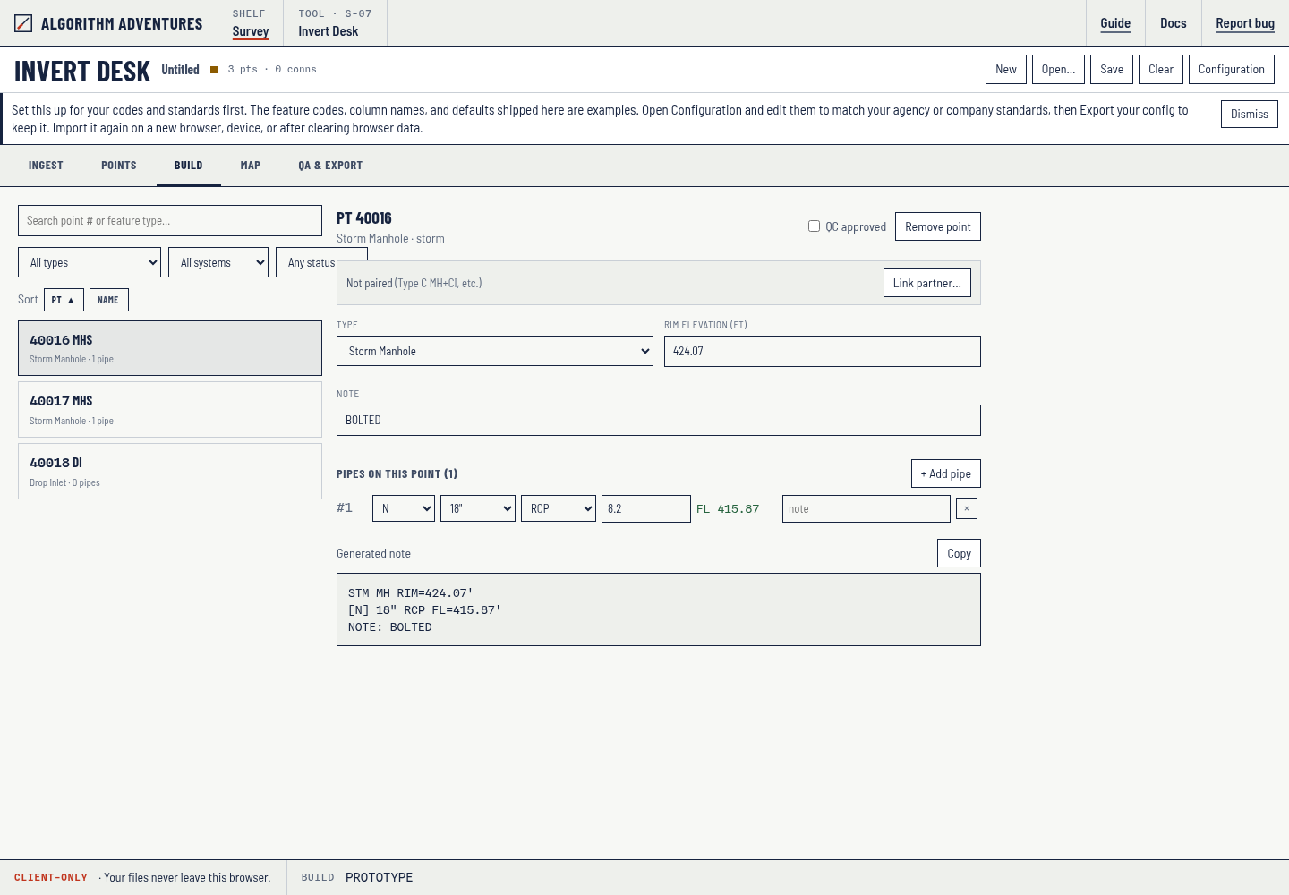 The Build tab with a structure open: pipes entered, inverts calculated, note generated