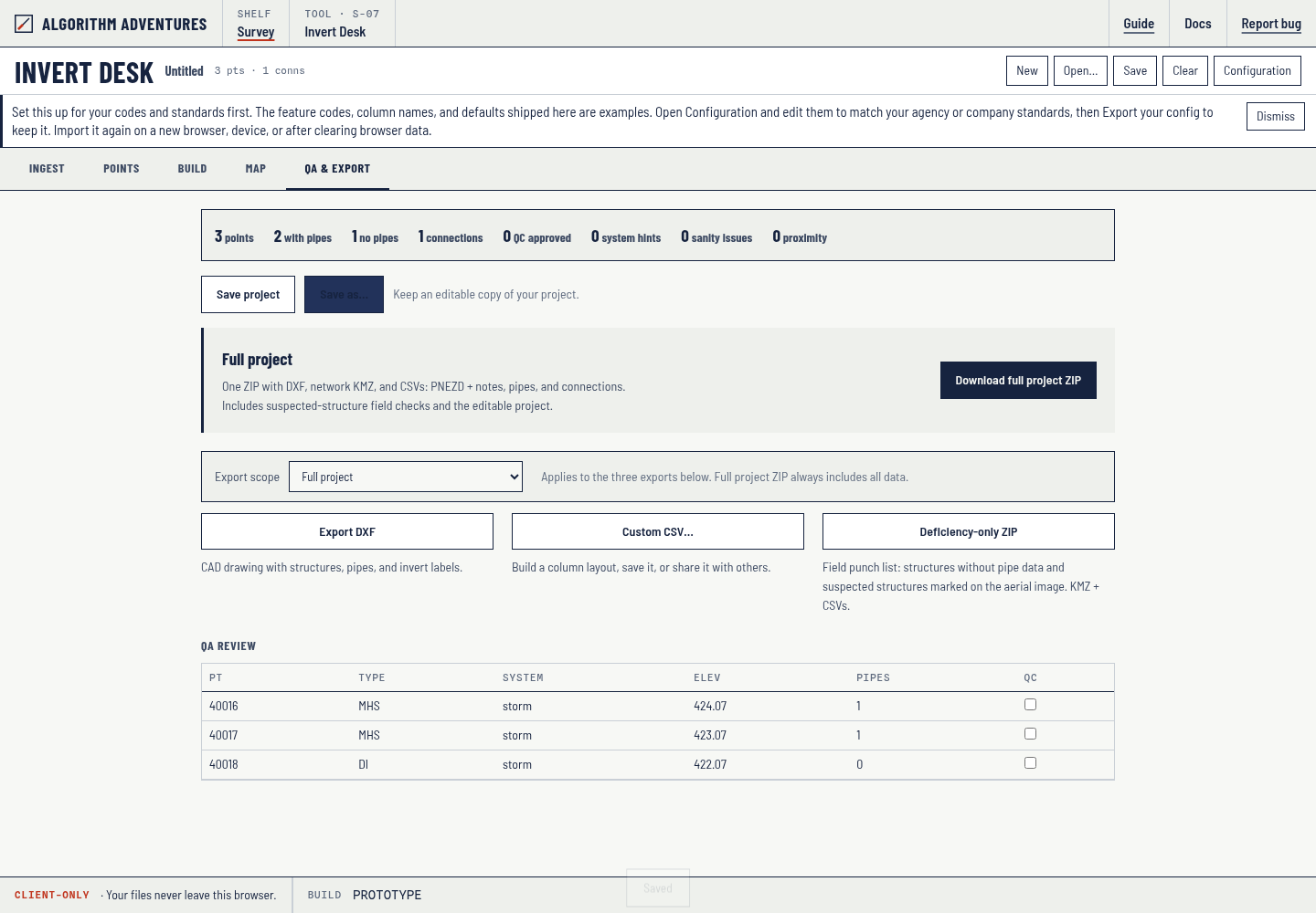 The QA and Export tab: summary counts, export scope selector, export buttons, QC review table