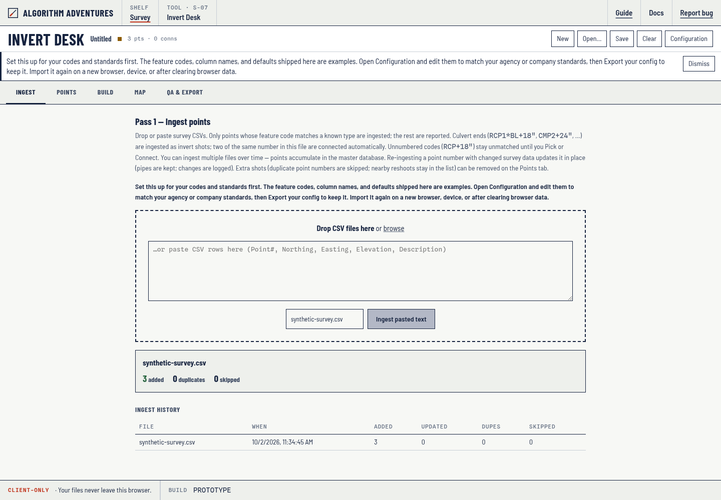 The Ingest tab with drop zone, paste box, and ingest history table