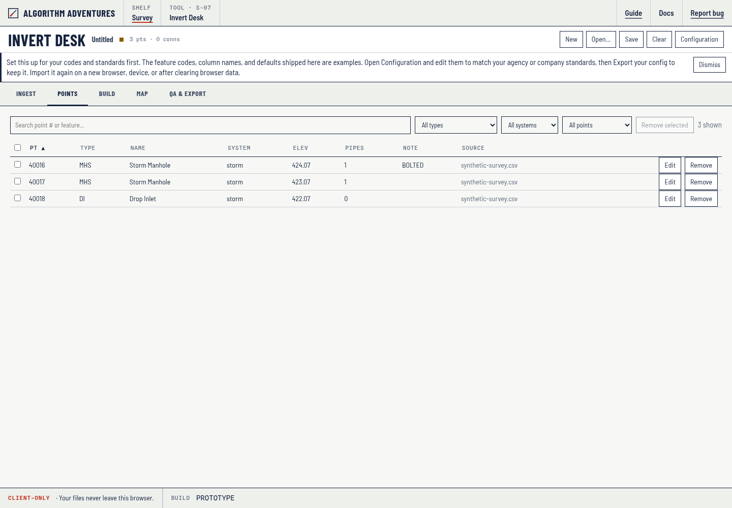 The Points tab: searchable table of every imported structure